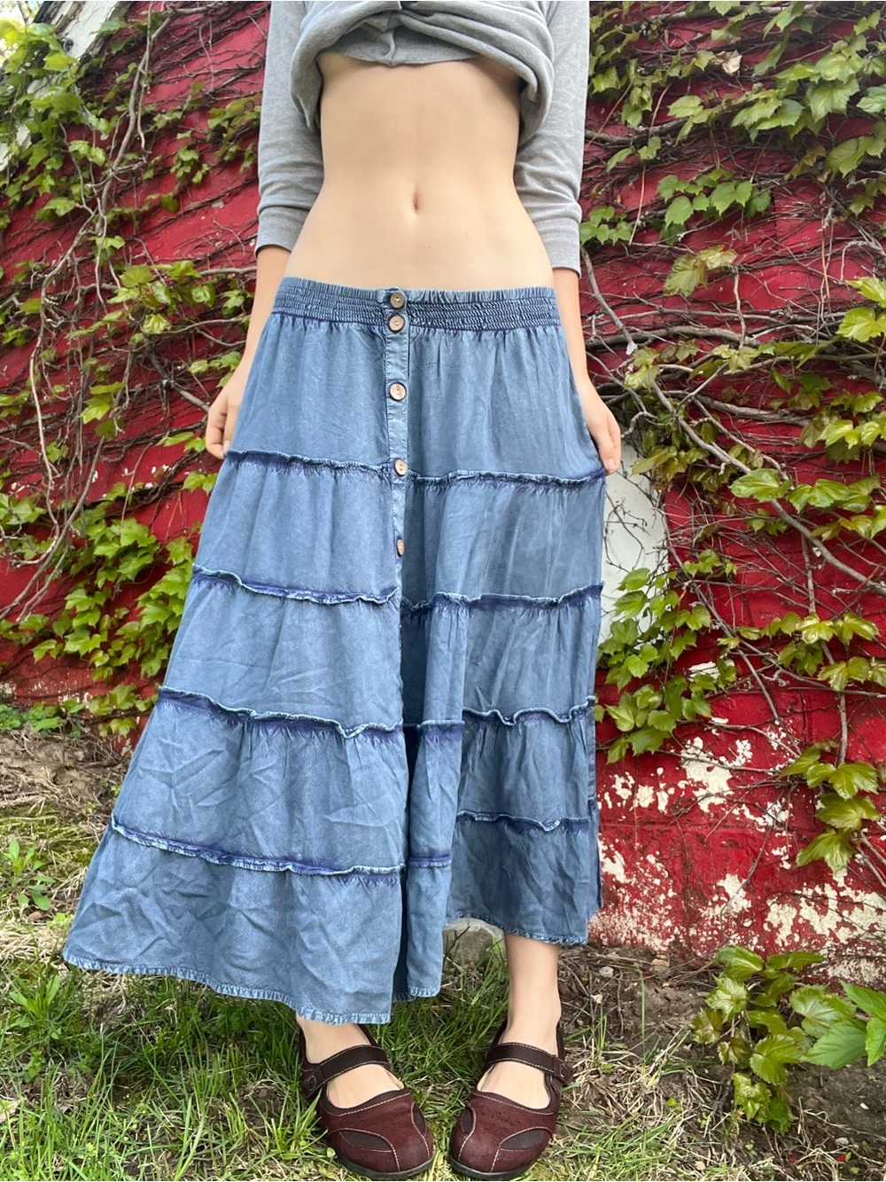 Mlle Gabrielle Blue Tiered Button-Front Midi Skirt - Picture 2 of 13